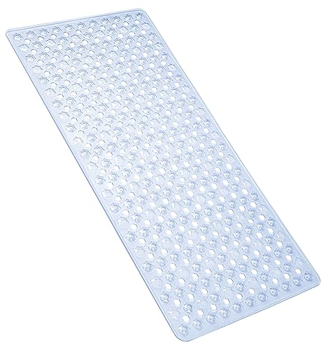 Non Slip Bath Mat Shower Mats Anti Mould for Bathroom and Bathtub with Large Suction Cup and Thickened Rubber Backing Long (Clear without hair brush, 88x44cm)