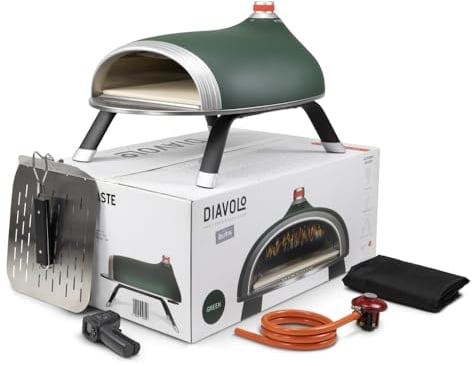 DeliVita Diavolo Gas Fired Outdoor Pizza Oven - Green, Powered by Propane, Butane or Camping Bottles, Includes Accessories - Folding Peel, Carry Case, Temperature Gun & Gas Regulator