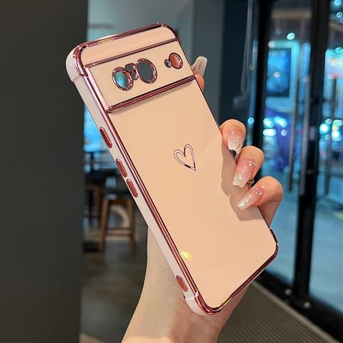 ZTOFERA Housse de Protection Compatible avec Google Pixel 8, Antichoc en Silicone Souple Flexible avec Motif Coeur et Bordure Dorée, Rose