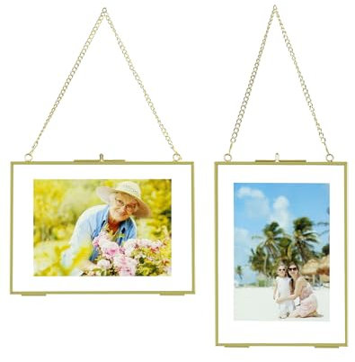 QWORK® 2 pièces cadre photo doré en verre avec chaîne en métal à suspendre, Verre à motifs, pour photos, spécimens de plantes, certificats, 13x18 cm