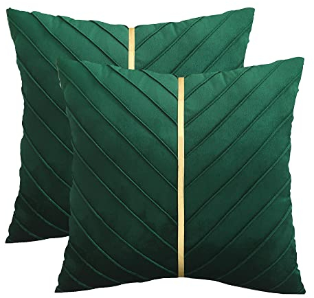 Tosleo Kissenbezüge 2er Set Samt Kissen mit Goldfarbenem Leder 50 x 50 cm Dekokissen Moderne Luxuriös für Sofa Gartenbett Couch Wohnzimmer Sofakissen Bett (Green, 50 x 50 cm)