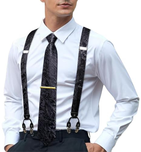 Hi-Tie Men's Suspenders and Tie Set Silk Adjustable Elastic Y Braces with Strong 6 Clips Pocket Square Set