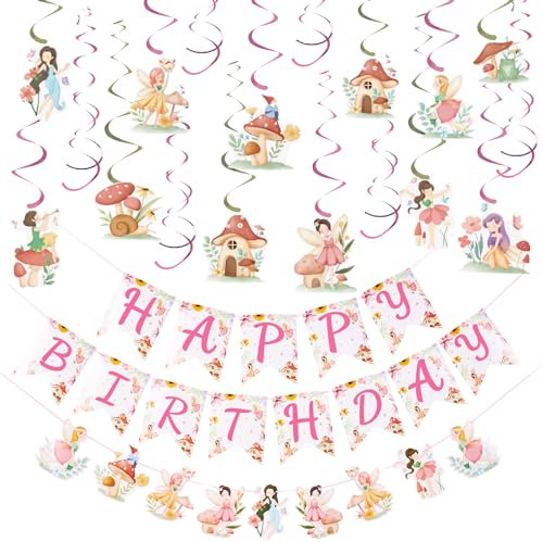 SUNBEAUTY Fairy Birthday Party Decorations Paper Flowers Hanging Mushroom Decorations Fairy Birthday DIY Banner Hanging Swirls Decorations Birthday Decorations for Women Girls Children