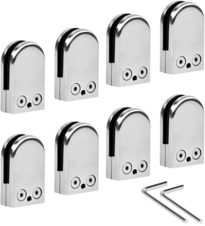 8Pcs Glass Clamps, 6-8mm Adjustable Glass Bracket Stainless Steel Flat Back Round Glass Clip Grip for Stair, Balustrade and Handrail