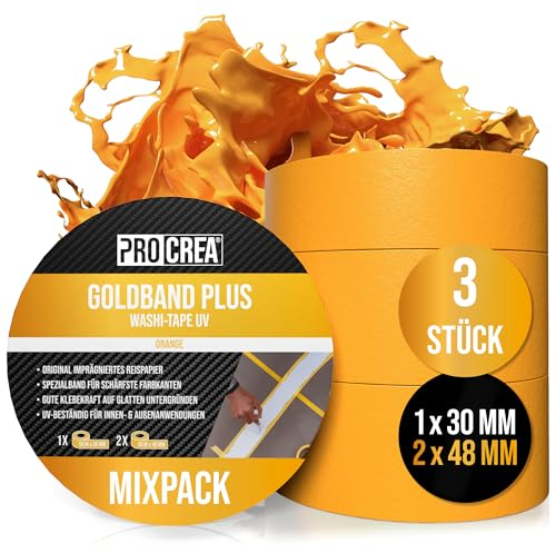 PROCREA® 3x Premium Goldband Klebeband UV [Mixpack 2x 48 mm + 1x 30 mm] Oranges Kreppband Malerband für innen & außen - Wasser- & Hitzebeständiges Abklebeband zum Streichen, Lackieren & Renovieren