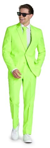 OppoSuits Neonfarbener Anzug für Herren – Neon-Themenparty-Outfit – schmale Passform – inklusive Jacke, Hose und Krawatte – Grün, Neon Lucky Lime, 58
