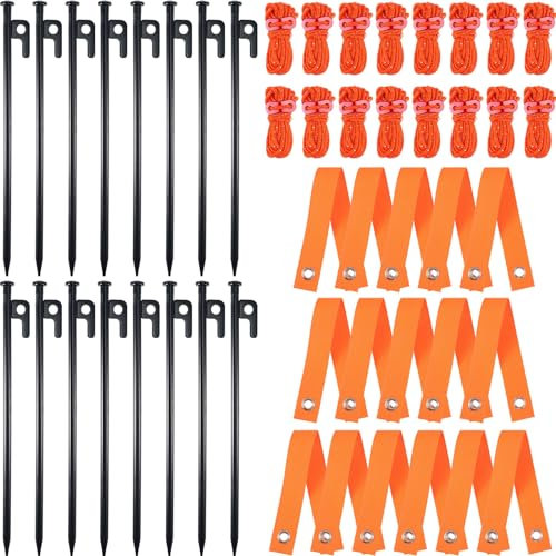 Suzile Baumpfahl-Set, robustes Ankerstütz-Set für junge Bäume, zum Glätten von Bäumen, enthält 16 Stück 30 cm Stahlpfähle, 16 Stück 40 cm Gurte, 16 Stück 4 m Seile (48, Orange)
