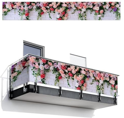 MuchoWow© Balkon Sichtschutz Einseitig 80x500 cm Groß PVC Kunststoff Garten Windschutz ohne Bohren Wetterfest Sichtschutzzaun Terrasse Balkonverkleidung Deko Blumen - Rosa - Steinoptik