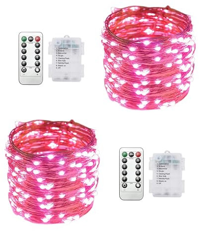Clearhill Fairy Lights 2Pack, 65.6FT 200LED String Lights Battery（Not Included） Operated with Remote Control, Pink，8 Modes, Timing & Dimmable for Christmas Bedroom Indoor Outdoor Decor