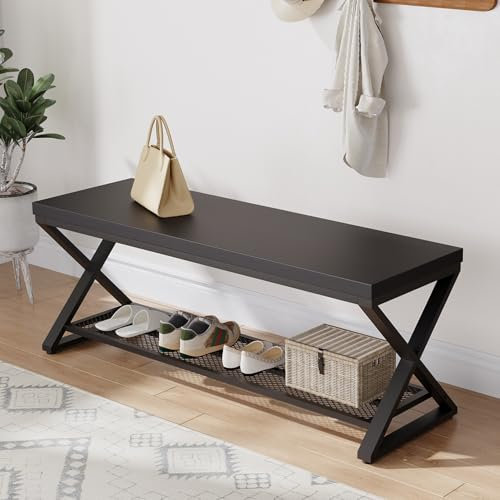 LVB Black Industrial Entryway Bench with Storage, Indoor Wood and Metal Storage Bench for Living Room Bedroom, Accent Shoe Rack Seating Bench for Hallway Foyer Entrance, Black Oak, 47 inch