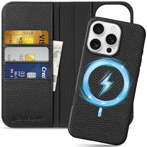 SHIELDON Hülle für iPhone 16 Pro, 2 IN 1 Case [Litschi Echtleder][Abnehmbar] [Kabelloses Laden] [Kartenfach] [RFID Blocker] Ledertasche Handyhülle Kompatibel mit iPhone 16 Pro 5G 6,3 - Schwarz