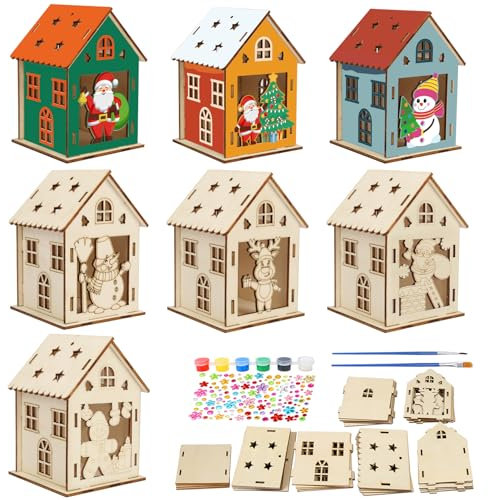 MONCAP 7pcs Petite Maison en Bois Decoration Noel Kit de Bricolage Noel pour Enfant Maison en Bois Noël pour à Assembler et à Colorier Décoration Centre de Table Noël Pendentif Arbre de Noël