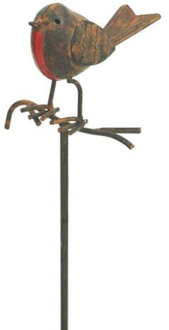 Ascalon Core-Ten Rusty Metal Robin on a Twig on a Long Stake Garden Ornament 1 metre High