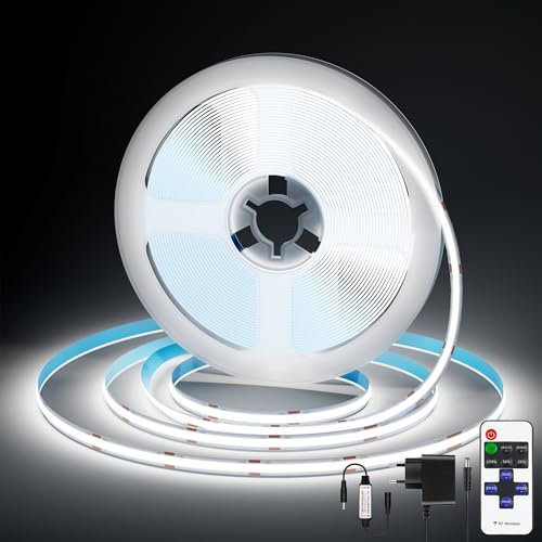 LED Strip COB LED Streifen 5m, LED Band 6500K Weiß Dimmbar mit Fernbedienung, LED Lichtleiste Selbstklebend 24V, 36W LED Fernseher Beleuchtung Sehr Hell für Küche, Wohnzimmer, Treppe, Schlafzimmer