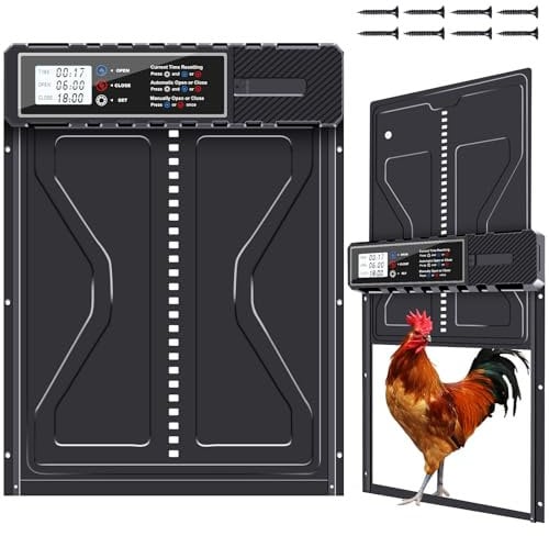 PlayDen Automatische Hühnerklappe, Aluminum Elektrische Hühnerklappe Batterie mit Wasserdicht Großes Display, Timer, Manuelle, Hühnerklappe Automatisch Hühnertür, Intelligenter Einklemmschutz