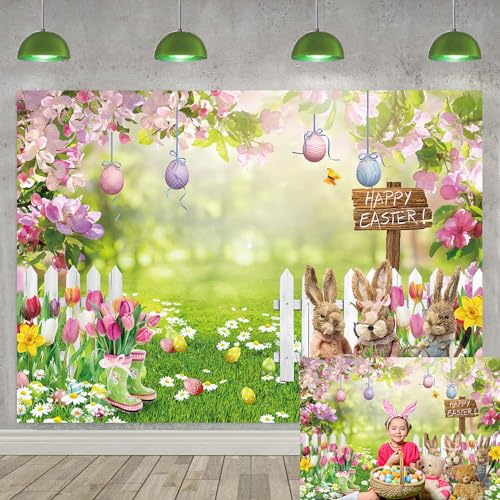 Easter Backdrop Easter Photo Backdrop Spring Garden Rabbit Colorful Eggs Fence Bokeh Photography Background Baby Children Birthday Party Decoration Background (7X5FT (210x150cm))