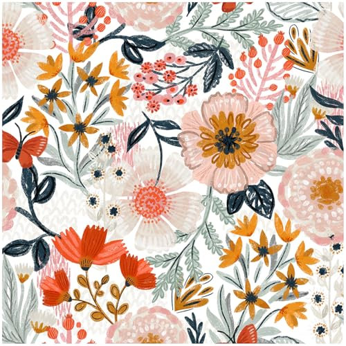 HAOKHOME Boho Wallpaper Self Adhesive Floral Wall Paper Removable for Bedroom White/Pink/Orange Contact Paper 3m x 44.5cm