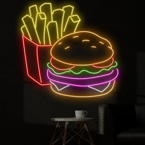 Letrero luminoso de hamburguesa, cartel LED de papas fritas, letrero de neón personalizado, decoración de restaurantes de comida rápida, lámpara de pared para hamburguesas, regalos para amantes de las