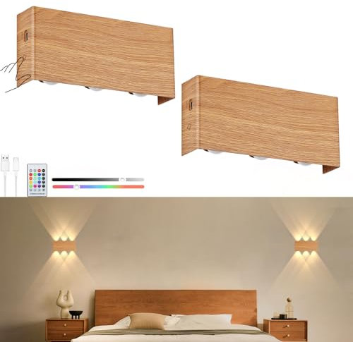 Lampop Wandleuchte Akku Innen 2 Stück RGB LED Wandleuchte ohne stromanschluss 5200mAh Wandlampe Kabellos Dimmbar mit Fernbedienung Touch Control Magnetisch für Wohnzimmer Schlafzimmer Flur Holzfarbe