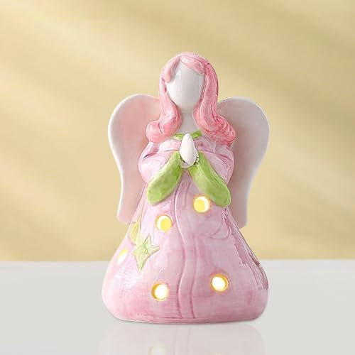 DZAY LED Dekofigur Engel Keramikfigur Windlicht Belechtung Deko,Betender Engelsfigur Dekoengel Engelchen Lichtdeko Teelichthalter Engel aus Keramik Statue mit LED Weihnachtsengel (Rosa)