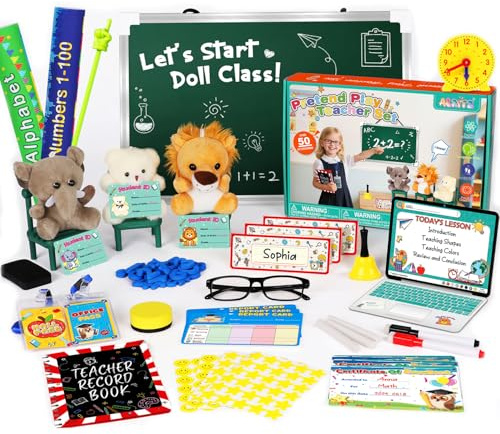 Alritz Pretend Play Teacher Set, School Stuff, Role Play Preschool Learning Activities Classroom Set for Girl Boys Include Dolls, Toy Laptop, Black Board, Birthday Gift 5 6 7 8 9+ Years Old
