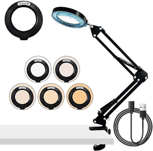 10X Lupe mit Licht und Ständer, Verstellbarer Schwenkarm LED Beleuchtete Lupenleuchte mit Klemme, 5 Farbmodi, für Lesen Basteln Juweliere Modellbau Handwerk Reparatur Malerei
