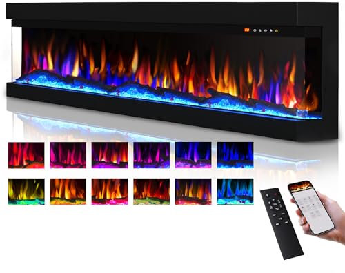 Mexhom 50-127cm Elektrokamin 3-seitiges Glas Eingebauter Elektrischer Kamin，13 Mehrfarbige Flammen, Heizung, DIY Kristall & Log Set, Smart App & Fernbedienung