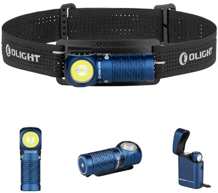 OLIGHT Perun 3 mini Kit Stirnlampe aufladbar, 1250LM, MAX. Laufzeit 60 Tage | tragbar Kopflampe mit großem Ladecase und Kopfband, 5 Weißlicht und 3 Rotlicht Modi für Camping, Angeln und Notfall, Blau