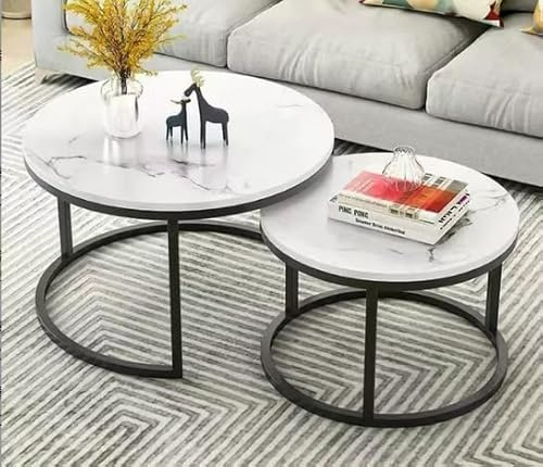 OHMG Lot de 2 Table Basse Aspect marbre,Table d'appoint pour Salon,Diamètre 70+50 cm,Grande Tables gigognes Ronde,Aspect marbre et Structure en Acier doré (Noir+blanc-70 * 70 * 45cm)