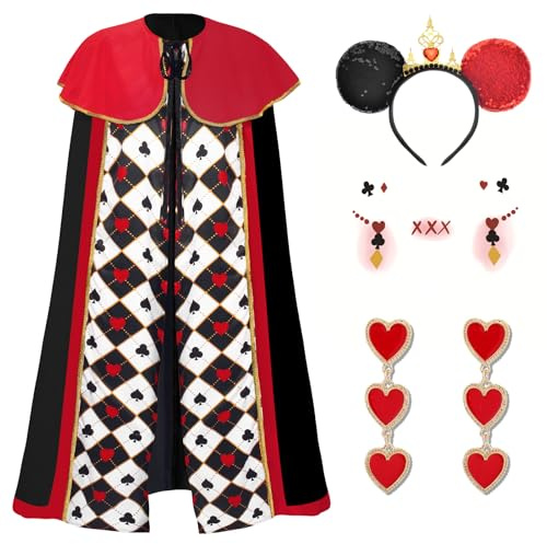 Maazusa Karneval Königin Kostüm für Damen 4 Stück Herzkönigin Outfits mit Umhang Stirnband Ohrringe Gesichtsaufkleber Verkleidung für Karneval Fasching Mottoparty Geburtstag Party