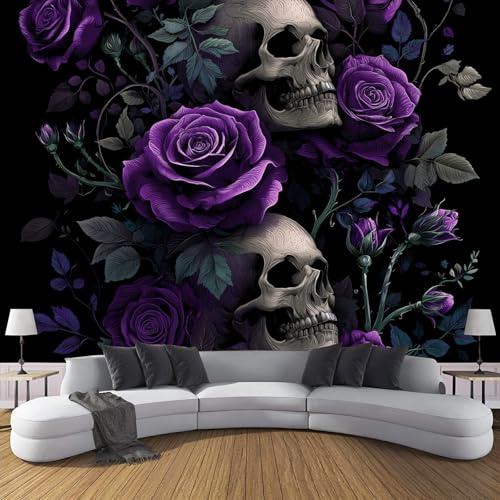 Fototapete Gothic-Design,300 X 210 Cm (B X H) - Foto Tapete Schlafzimmer Wohnzimmer Totenkopf Lila Rosen Wandtapete Motivtapeten Bildtapete 3D Effekt Wand Dekoration - Lavendel Lila