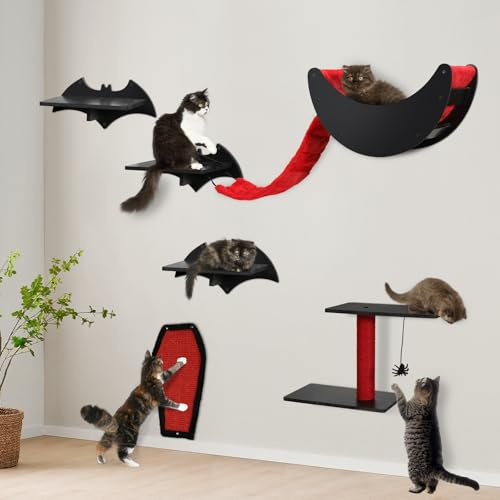 Gothic Cat Wall Shelves 7pcs Wall-Mounted Cat Climber Set Tree Bed with Bridge Ladder Steps Scratching Board Posts Hanging Spider Toy Furniture for Cats