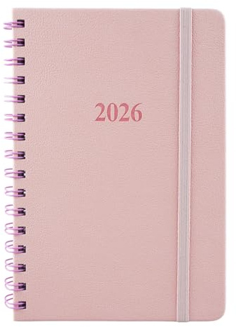 2026 A5 Wochenplaner (Woche pro Sicht)– Schwarz, Spiralbindung, PU-Umschlag, Elastikband, 1 Woche auf 2 Seiten, ganzjährig abgedeckt, vielseitiger Terminplaner (Pink)
