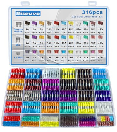 Riseuvo 316 Pcs Car Fuses Kit - Blade Replacement Assortment Fuses for RV, Camper, Boat, Truck, Motorcycle (2A 3A 5A 7.5A 10A 15A 20A 25A 30A 35A 40A) - Standard & Mini & Low Profile Mini Fuse