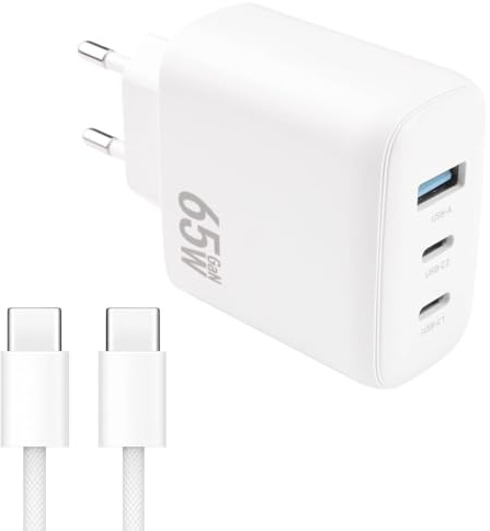 65W Cargador USB C Cargador USB-C Carga Rapida 65W con GAN Tecnología 3-Ports PPS USB Cargador Rápido con Cable Type-C 1m Compatible con iPhone 16/15 Pro MAX Galaxy S24/23 MacBook Air Pro iPad
