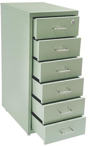 BRRIDE Aktenschrank Abschließbar, Rollcontainer mit 6 Schubladen, Metall Bürocontainer Schubladenschrank Rollschrank Rollwagen, Schmaler Schrank mit Cue-Kartenschlitz für Home-Office (Grün)
