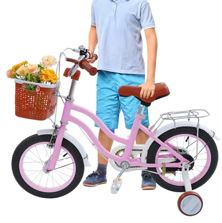 MEHOOSPVN 14 Zoll Kinderfahrrad für 3-7 Jahre Mädchen, Kinderfahrrad mit Stützrädern und Korb, Klingel, Höhe Einstellen Kinder Fahrrad, Kleinkind Fahrrad, Prinzessin Kinderrad, Rosa