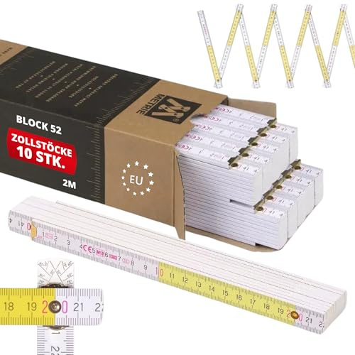 Metrie™ Zollstock – Gliedermaßstab 2m | Meterstab, Maßstab – Weiß-Gelb – Duplex Teilung, Hergestellt in der EU | Buchenholz & Stahlgelenke | für Handwerker, DIY | BLOCK 52 – 10 Stück