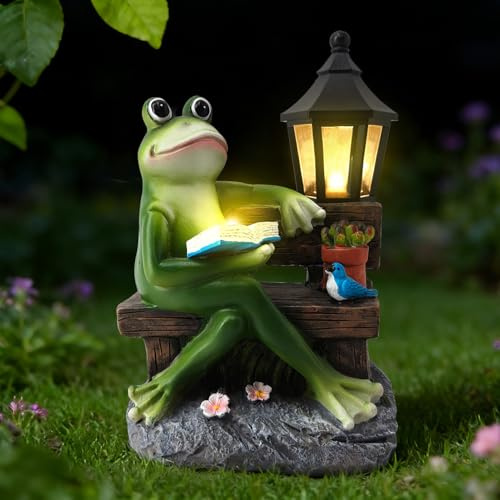 Zecnaud Frosch Deko mit Solar Laterne Gartenfiguren, Frosch Figuren Gartendeko für Außen Wetterfest, Frühlingsdeko LED Solarlampe für Balkon Garten, Geschenke für Frauen Männer Mama (B)
