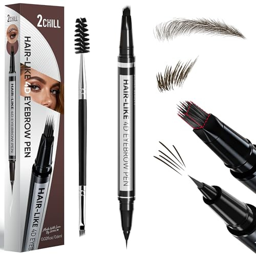 2CHILL 2-in-1 Eyebrow Pen for Women, Microblading 4D Eyebrow Pencil with Hair-Like Brush Tip, Waterproof Long Lasting Natural Brow Makeup, Dual-Ended Eyebrow Brush & Eyeliner Function (Dark Brown)