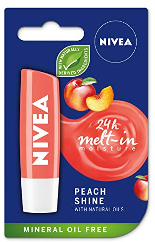 NIVEA Peach Shine Lip Balm (4.8g), Flavoured Lip Balm with Shea Butter, Natural Oils and Vitamins, Provides 24h Moisture and a Coral Shine, Vegan Lip Care Formula