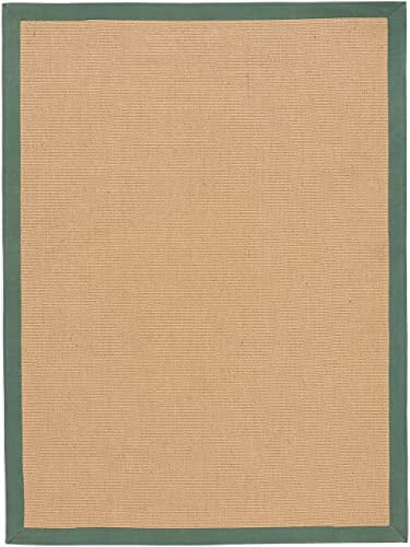 carpetfine Sisalteppich Naturfarbe 200x290 cm handgewebt mit Bordüre aus Baumwolle in Grün | Rutschfester Flachgewebeteppich Uni aus Naturfasern für Wohnzimmer, Schlafzimmer