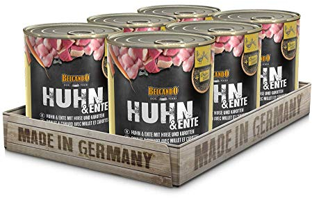 BELCANDO Nassfutter für Hunde, Huhn und Ente mit Hirse und Karotten, 6X 800g Dose, Hundefutter nass, für alle Rassen, Made in Germany