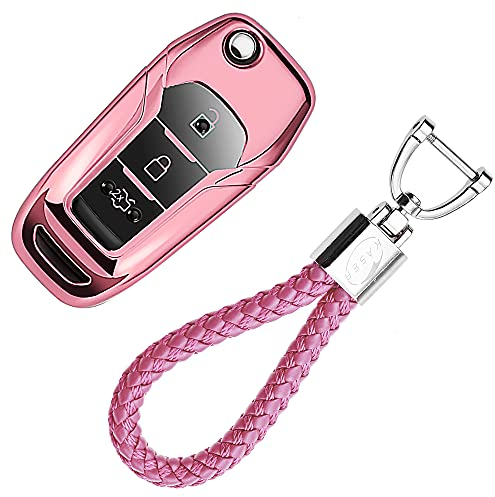 Silikonhülle für Ford Schlüssel – weiches TPU verchromtes Case für Fernbedienung Ford Fiesta, Focus, Galaxy, Fusion, Mondeo, C-Max, Kuga, Ecosport. Cover mit Schlüsselanhänger (Rosa).