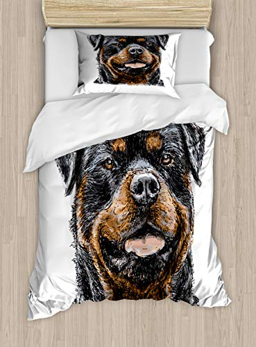 ABAKUHAUS Rottweiler Bettbezugs Set für Einzelbetten, Hand gezeichnetes Bild von Hund, Milbensicher Allergiker geeignet mit Kissenbezug, 130 x 200 cm, Dunkelgrau Braun