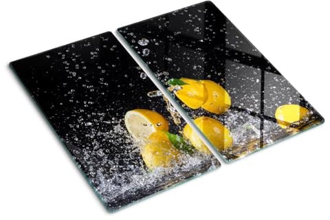 Küchenbrett Glas 2x30x52 cm Plastikfrei Lebensmittelecht Dekorativ 2 Stück Glasplatte Antibakteriell Gehärtetes Glas Hitzebeständig für die Küche Rutschfest Silikonfüße - Zitronen und Wasser