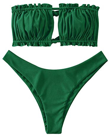ZAFUL Damen Bikini Set, schulterfrei Bandeau mit Kordelzug & Rüschen High Cut Einfarbig Bademode (A-Mittleres Seegrün,L)
