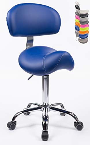 1stuff® Sattelhocker MULY BIGBACK Sattelstuhl mit Lehne - Sitzhöhe bis ca. 74cm - ergonomischer Rollhocker Arzthocker Arbeitshocker Praxishocker Drehhocker (Lederimitat Royalblau)