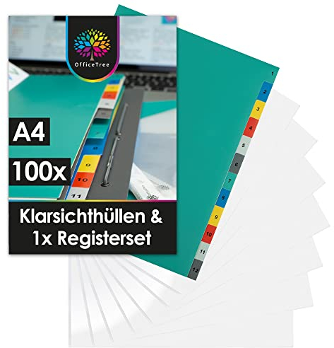OfficeTree 100 Klarsichtfolien A4 + Trennblätter für Ordner A4 - Prospekthüllen A 4 - Klarsichthüllen für Ordner - Dokumentenhülle Gelocht