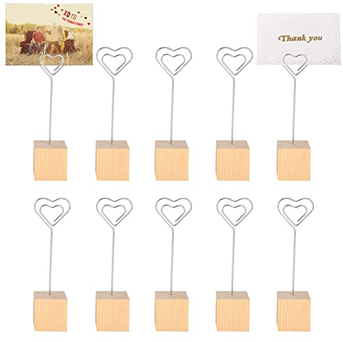 10 Stück Silber Metal Herz Fotohalter, Memohalter Foto Memo Bilder Clip, Holz Tischkartenhalter, Tischkartenhalter Namenskarten Halter Hochzeit Silbrig